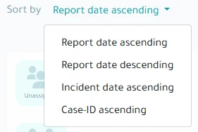 Sort options in the case list table