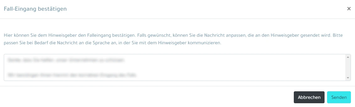 Hinweisgebersystem Falleingang bestätigen Dialog