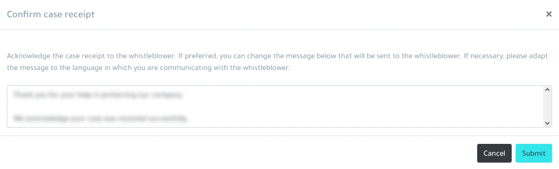 Whistleblower system confirm case receipt dialog