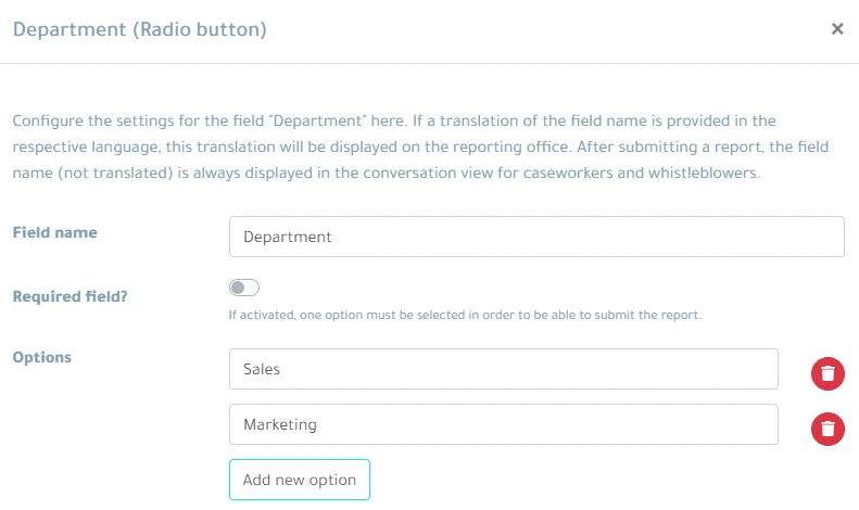 Field settings dialog