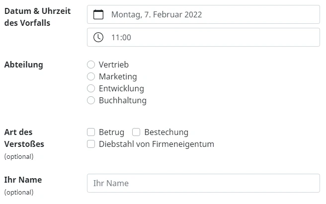 Benutzerdefinierte Felder werden im Meldeformular der Meldestelle angezeigt