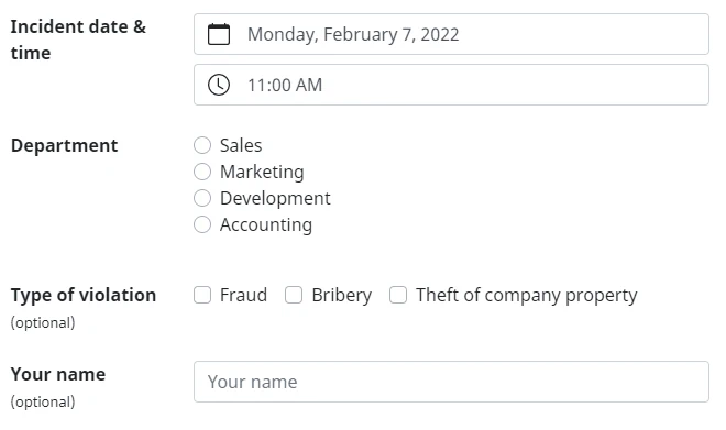 Custom fields in the reporting form of the hintcatcher reporting office