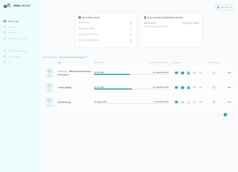hintcatcher Fallmanagement Fall-Liste Screenshot