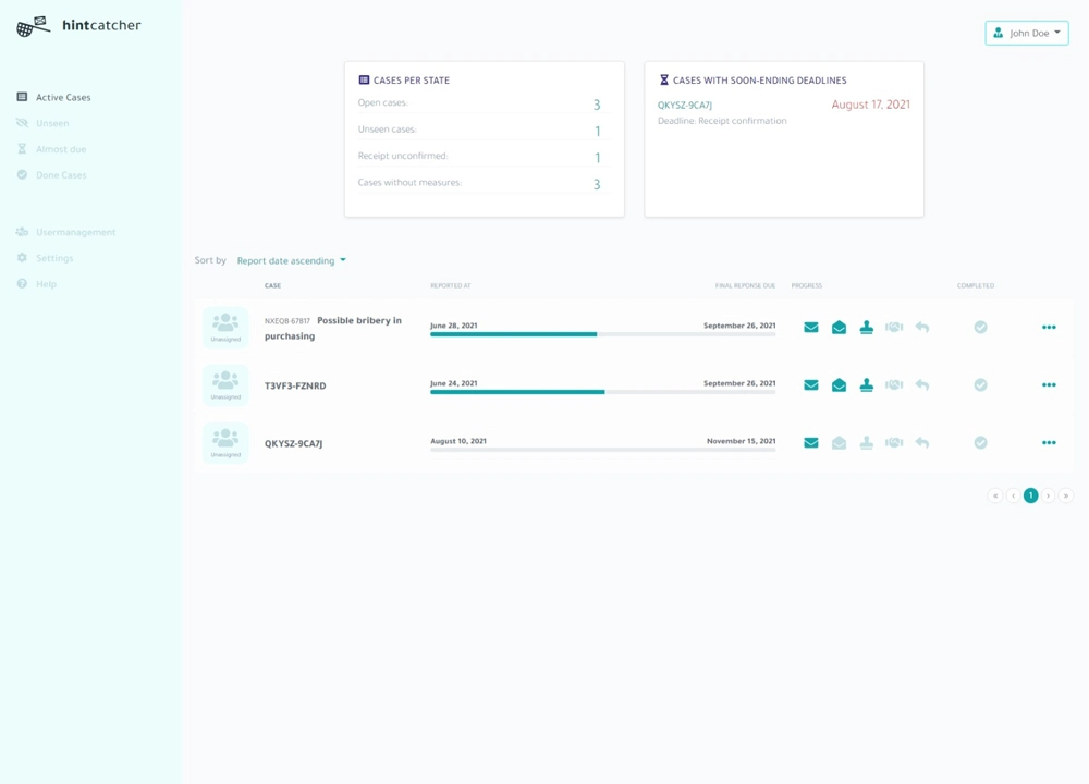 hintcatcher Casemanagement Case List Screenshot